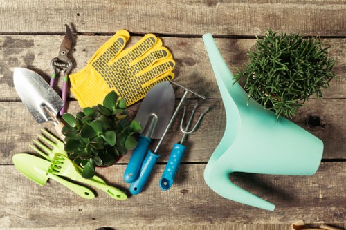 The image displays various gardening tools and supplies arranged on a weathered wooden surface, including a pair of yellow gardening gloves, a small hand trowel, a cultivator, and a spray nozzle. Additionally, there's a green plastic rake, a pair of green pruning shears, and a set of small blue-handled tools. A light turquoise watering can with a long spout is positioned on the right side, holding a lush, healthy green potted plant with dense foliage. The scene suggests preparation for outdoor gardening tasks, such as planting, watering, pruning, or soil cultivation, and is indicative of professional gardening services, particularly in the St Johns Wood area, as referenced by the website. The natural tones and arrangement highlight the essential equipment used for maintaining and enhancing garden spaces, suitable for both front and back gardens in residential outdoor environments.