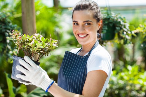 A smiling woman wearing a white t-shirt, blue striped apron, and white gardening gloves is holding a potted plant with small green and purple leaves. She is standing outdoors in a garden setting with vibrant green foliage, including trees and shrubs, and a wooden post visible in the background. The garden includes a neatly maintained lawn and flower beds edged with soil, with natural daylight illuminating the scene, indicating a bright, clear day. The image exemplifies professional gardening and outdoor plant care, consistent with services offered by Landscapers St Johns Wood and related to garden maintenance and landscaping in the St Johns Wood area.