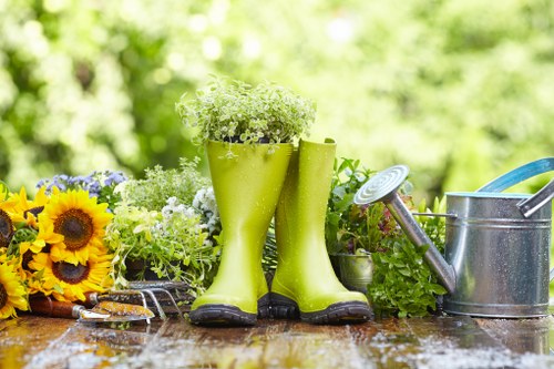 The image depicts a garden scene with a rustic wooden table featuring various gardening items and plants. In the foreground, a pair of bright green rubber gardening boots filled with small flowering white plants is positioned at the centre, suggesting recent planting or watering activity. To the left of the boots, there are vibrant yellow sunflowers and smaller white flowering plants, adding colour and natural tones to the scene. Behind the boots, a lush green environment with blurred foliage indicates an established, well-maintained garden, possibly in the back garden or outdoor space of a residential property in St Johns Wood. To the right of the boots, gardening tools including a metal watering can with a long spout and a hand rake rest on the table, hinting at ongoing gardening or landscaping work. The overall setting is outdoors, with natural daylight illuminating the scene, and the weather appears to be clear, ideal for outdoor gardening activities. This detailed and naturalistic image aligns with professional gardening and landscaping services offered by Landscapers St Johns Wood, emphasizing plant care, outdoor maintenance, and garden planting tasks relevant to local clients.