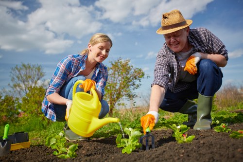 A man and a woman working together in a well-maintained backyard garden, planting young green vegetables or herbs in neatly tilled dark soil. The woman, with blonde hair and wearing a blue plaid shirt, is holding a yellow watering can, watering the freshly planted seedlings. The man, wearing a straw hat, a checkered shirt, and orange gardening gloves, is using a small garden fork or hand tool to tend to the plants. The garden features a lush, green lawn at the foreground, bordered by a variety of young plants, with a backdrop of trees and shrubs displaying fresh spring foliage. The sky is partly cloudy with patches of blue, indicating a bright, pleasant day suitable for gardening activities. The outdoor space demonstrates careful landscaping, typical of residential gardening services provided by Landscapers St Johns Wood, and emphasizes healthy plant growth and garden maintenance typical of professional gardening in the London area, including St Johns Wood postcode. The scene captures a moment of outdoor horticultural care in a semi-private garden, highlighting natural textures, vibrant greenery, and the harmony between individuals and their garden environment.