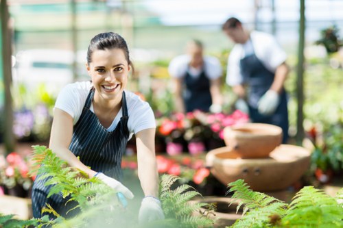 A young woman in a striped apron and gloves is tending to green ferns and other plants in a bright greenhouse environment. Behind her, two other gardeners, also wearing aprons, are working among potted plants and flower displays. The greenhouse is filled with natural light, highlighting the vibrant green foliage and colorful flowering plants, with some decorative stone water features visible in the background. The scene illustrates professional gardening and landscaping activities typical of a well-maintained outdoor space or garden centre, supporting services such as planting, garden maintenance, and landscaping in the St Johns Wood area, near NW8 postcode. The overall atmosphere emphasizes outdoor horticultural care and plant cultivation, consistent with a gardening service provider like Landscapers St Johns Wood.